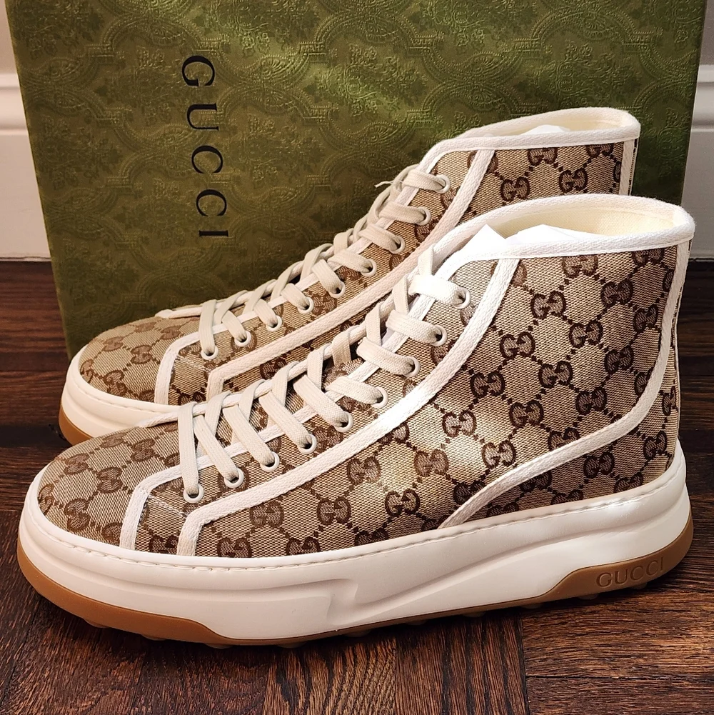 $1150 Brand New Gucci Men High Top GG Canvas Platform Sneakers G 12 US 13 Beige